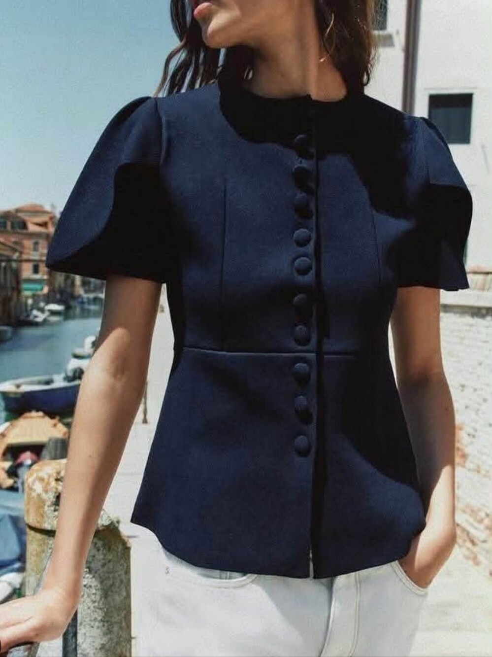 Zara Puff Tulip Sleeve Buttoned Knit Cardigan Top
